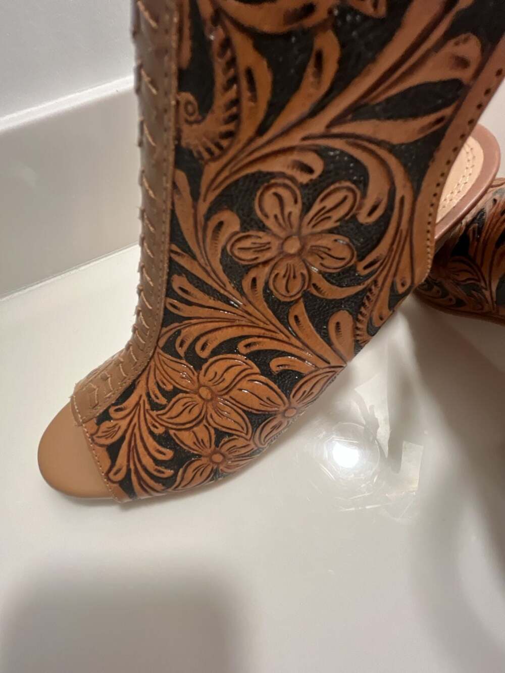 Myra Bag Dodge Town Hand-Tooled Leather Open Toe Heels - Picture 14 of 15
